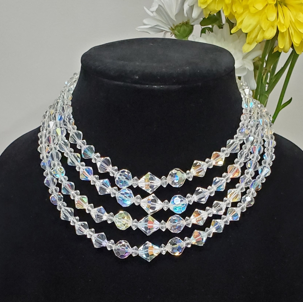 Vintage Aurora Borealis AB Faceted Crystal Four (4) Strand Necklace